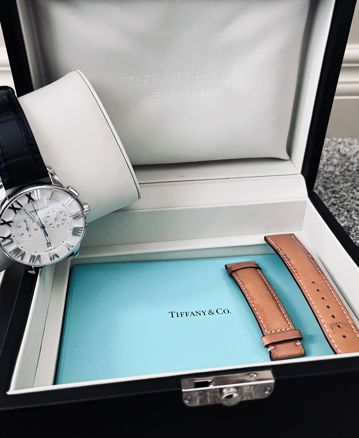 Tiffany & Co Atlas Chronograph Watch with an extra brown coloured watch band